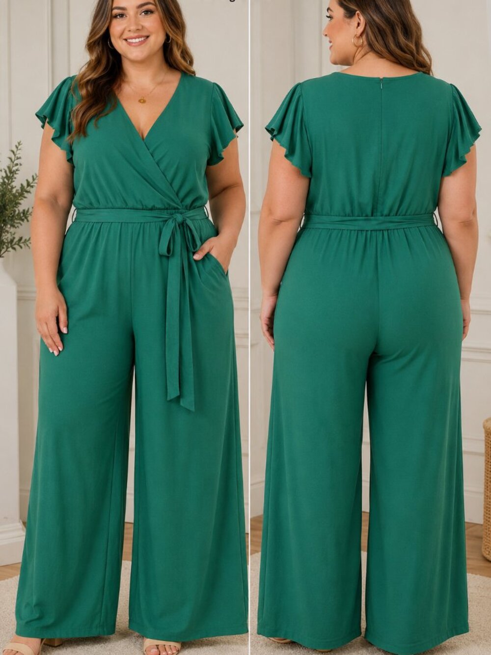 MSK Emerald Green Wide Leg Jumpsuit 1X Flutter Sleeve Belted Stretch Jumpsuit - Picture 2 of 11